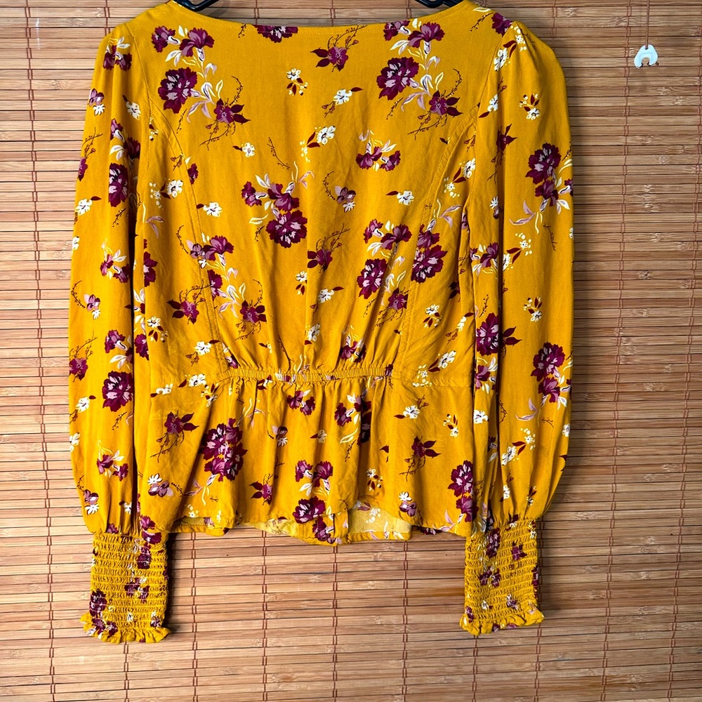 Purple and yellow floral low cut long sleeve blouse - Picture 5 of 10